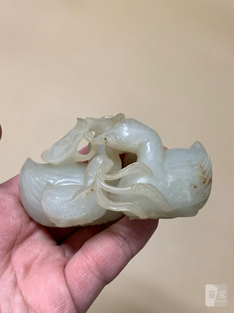 清 白玉荷花鸳鸯如意摆件 - 图2